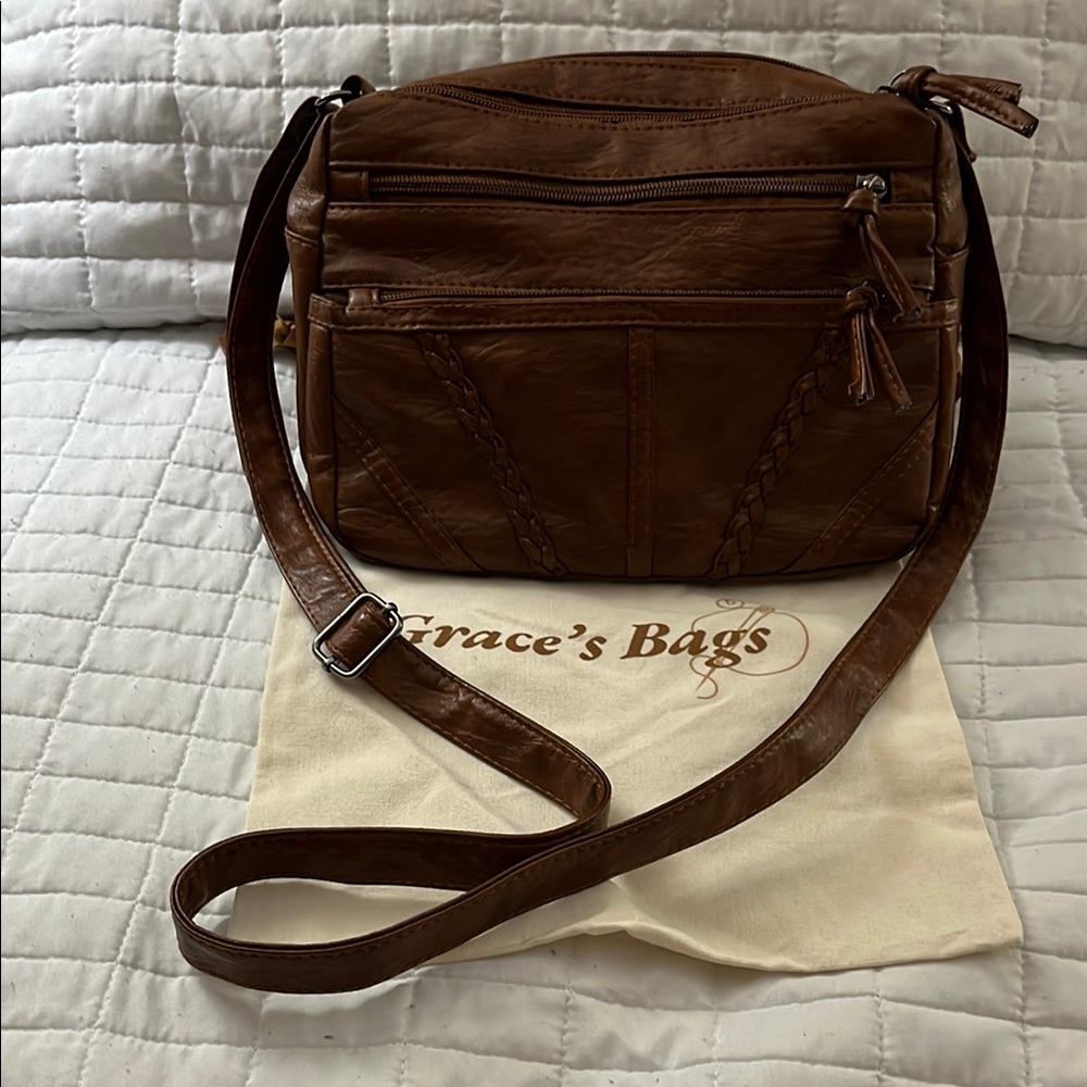 🔥🔥🔥Grace’s Bags Brown Leather Crossbody w/Decorative Trim -- Dust Bag Included